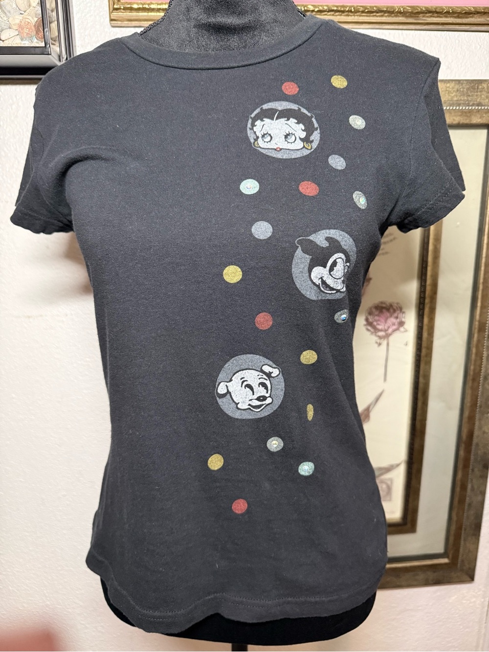 Betty Boop Graphic Tee Rhinestone Polka Dot Classy Chic Black T-Shirt •Jrs L•